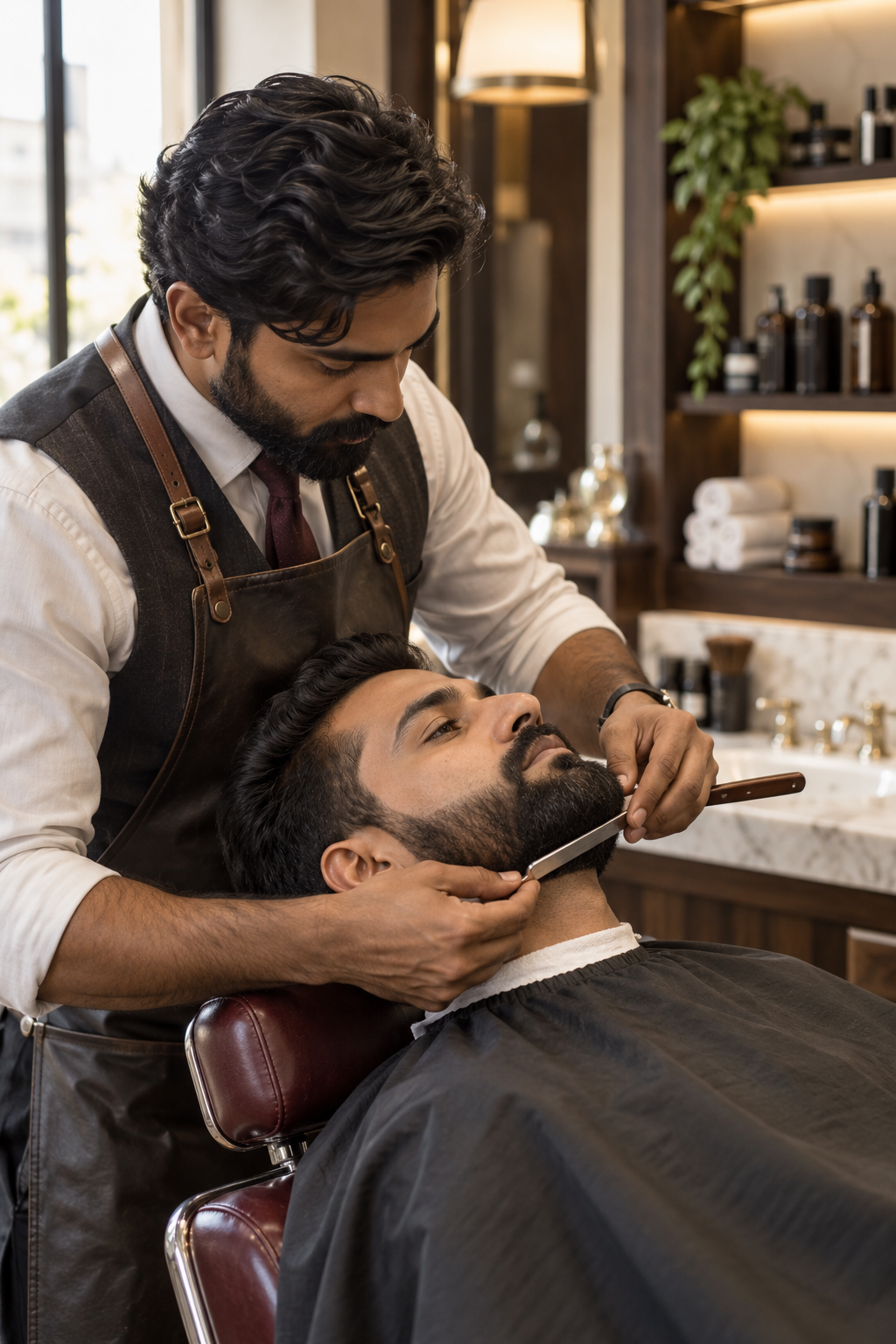 Barber shaping a customer's beard